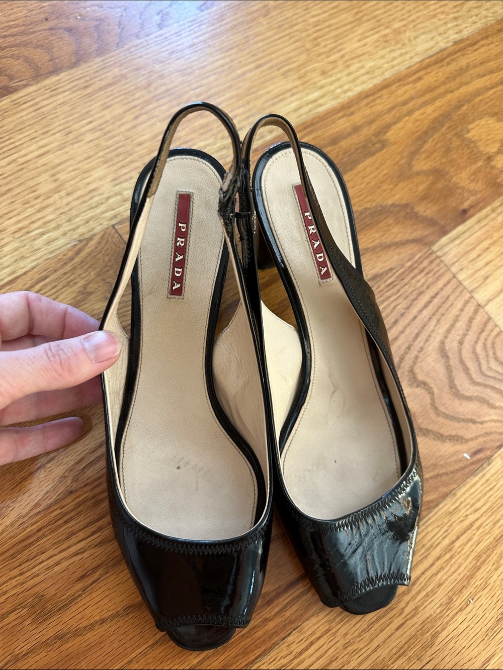 Vintage Prada Black Patent Leather Peep-Toe Slingbacks size 39.5